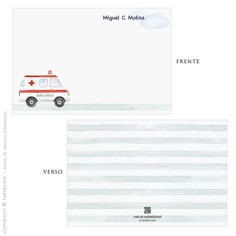 Cartão de Mensagem Carrinhos Ambulância - frente e verso 