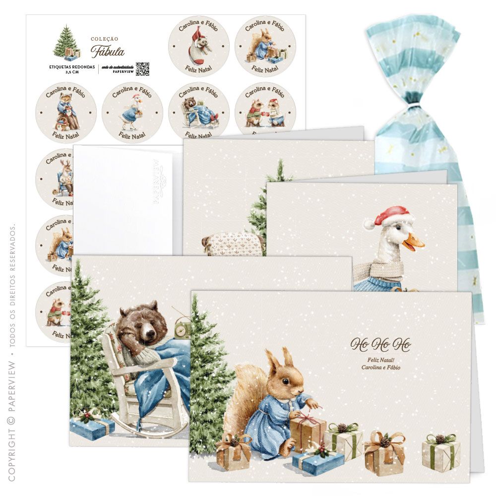 Kit 8 Cartões + Etiquetas + Embalagem de Natal Fábula