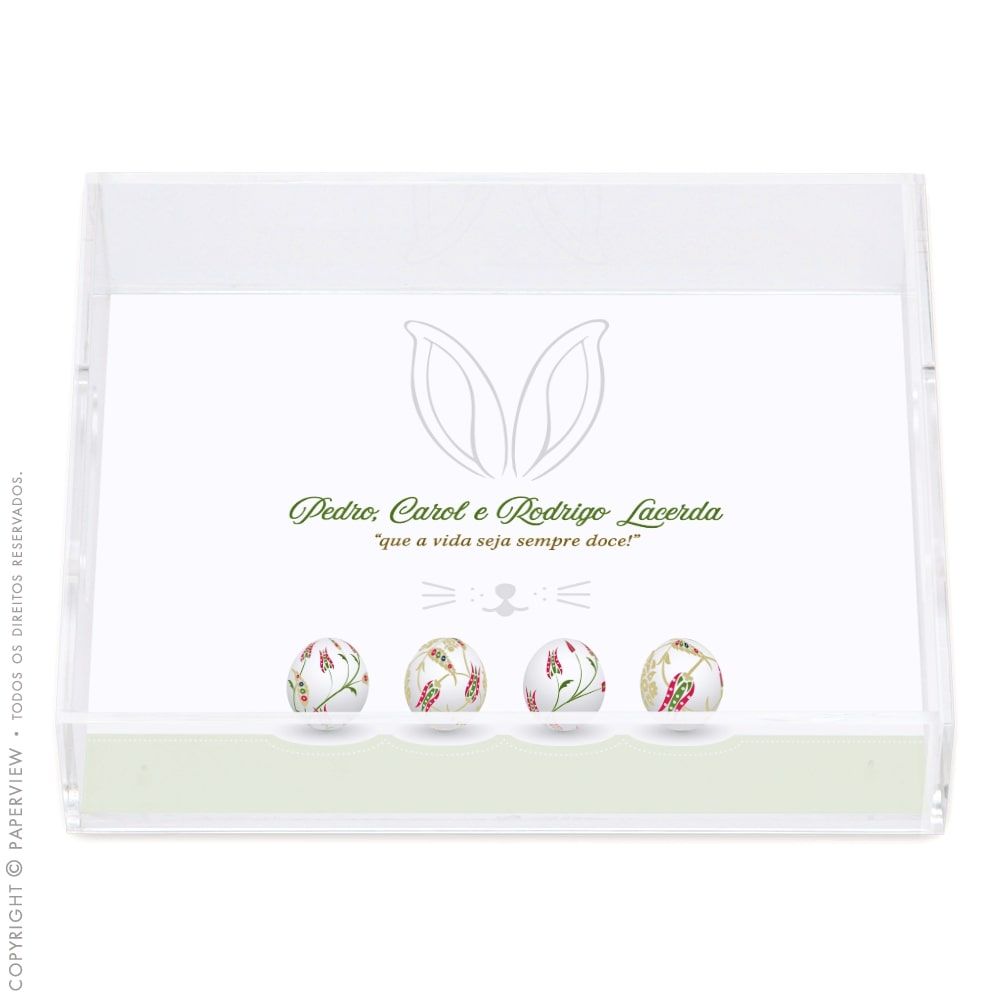 Bandeja Acrílico Cristal Personalizada Ovos Pyssanky Mint Coelho - caixa vista de cima 