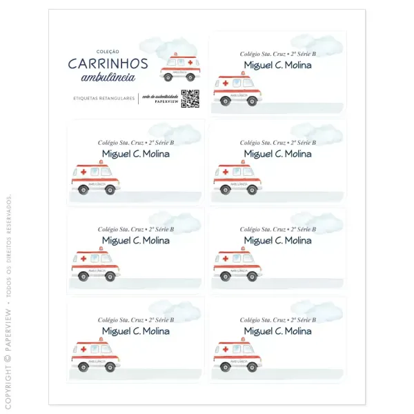 Etiqueta Adesiva Retangular Carrinhos Ambulância - cartela 